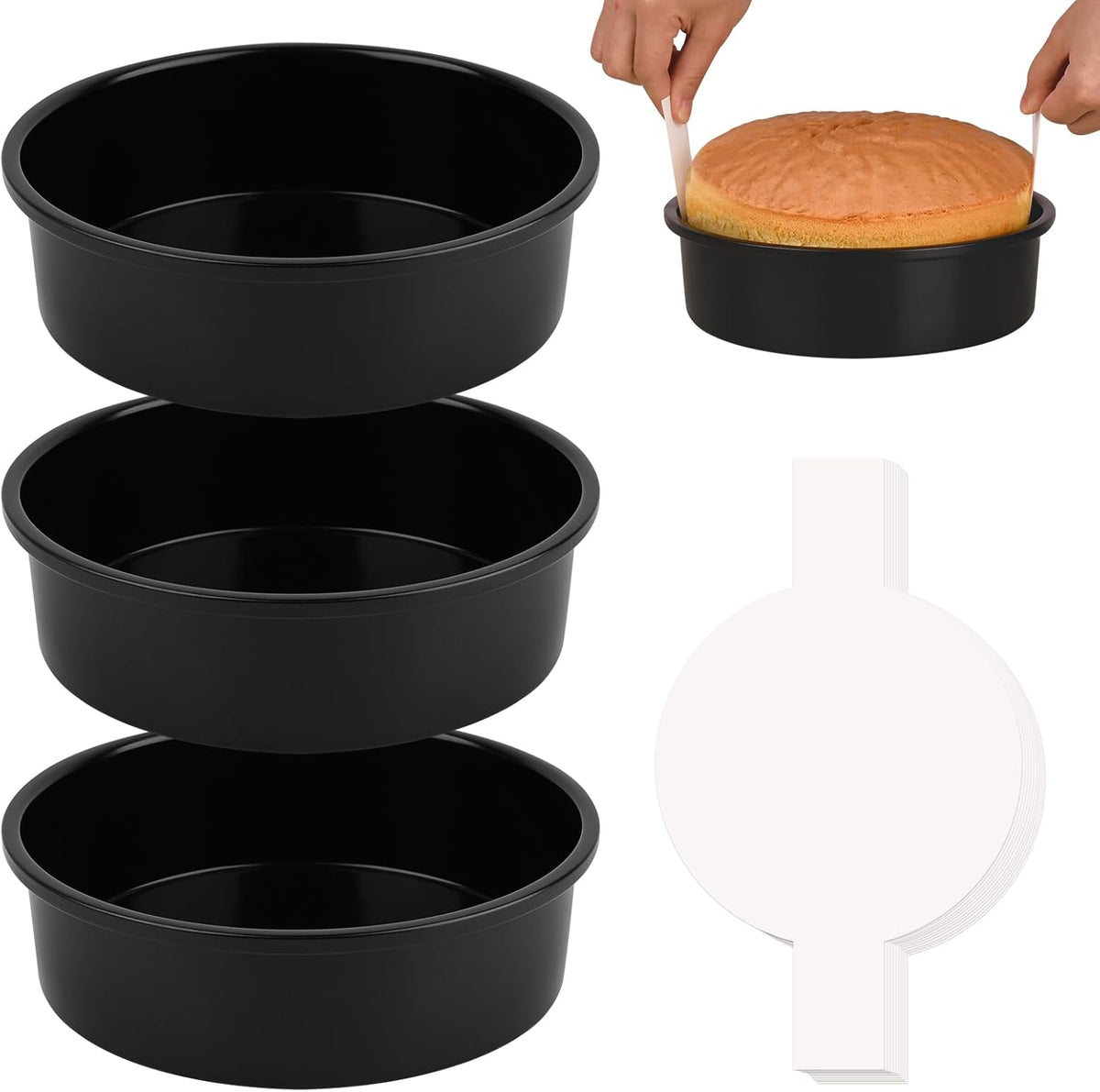 HUAKENER 6 Inch Cake Pan - Set of 3 Round Cake Pans with 100 Pieces Parchment Paper, Non-stick Cake Baking Pans, Dishwasher Safe