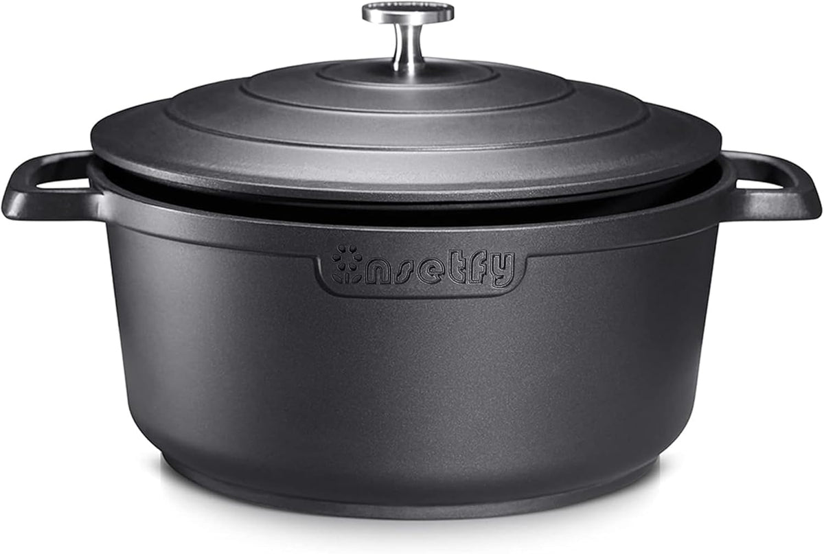 Nonstick Dutch Oven Pot with Lid-5 QT Cast Aluminum Oven Pot with Two Handles Lightweight for Bread Baking Braising and Roasting(Black)