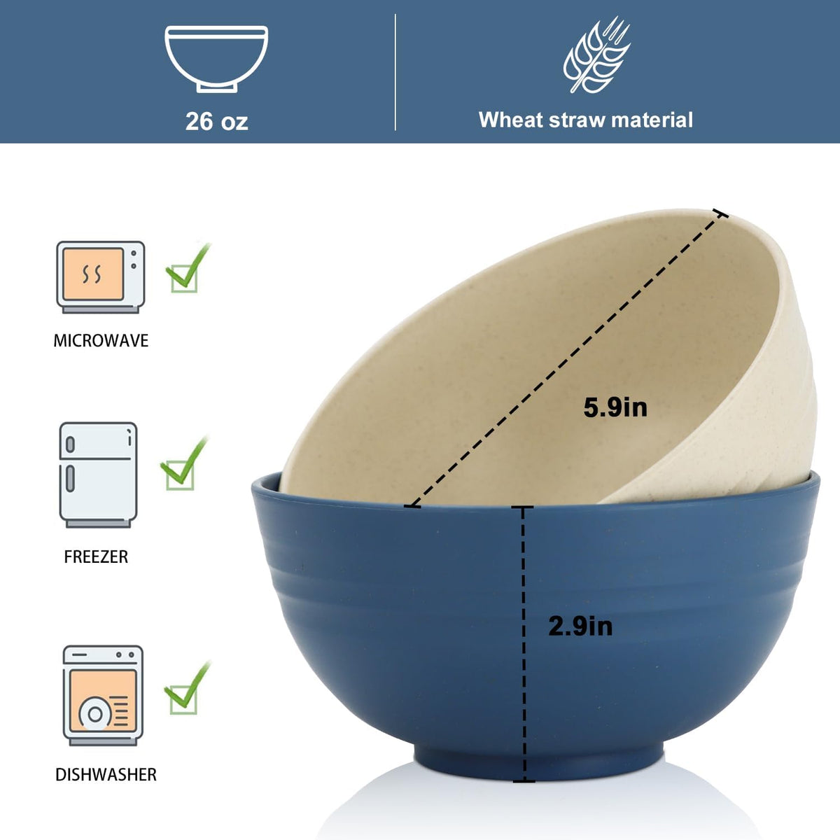 26 oz Wheat Straw Bowls,Unbreakable Cereal Bowls Set of 6,Microwave & Dishwasher Safe Salad Bowls for kitchen, Kitchen Bowl Sets for Soup,Salad,Fruit,Snack and Oatmeal-Multi Color