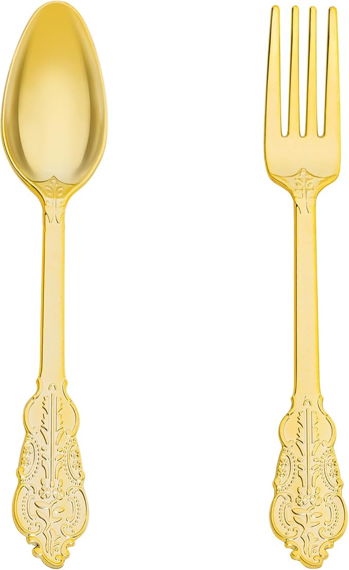 N9R 200PCS Gold Spoons and Forks Set, Heavy Duty Gold Plastic Silverware Set Fancy Disposable Utensils for Parties, Elegant Cutlery Sets for Wedding, Birthday(100 Forks & 100 Spoons)