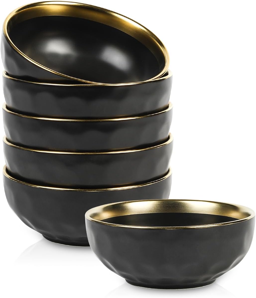 vicrays Ceramic Salad Bowls Set for Kitchen, Serving - 24 Ounce Soup Bowls, Pasta Bowls, Chip Resistant, Dishwasher Safe, NOT Microwave Safe, Fluted, Stoneware, Set of 6 (Black with Golden)