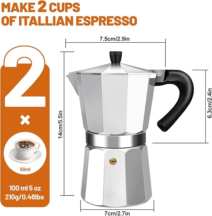 2 Cup Aluminum Espresso Stovetop Moka Pot Express Coffee Maker Percolator Italian Classic Mocha Coffee Machine for Italian and Cuban Cafe Brewing for Home & Camping 100ml 3.3oz