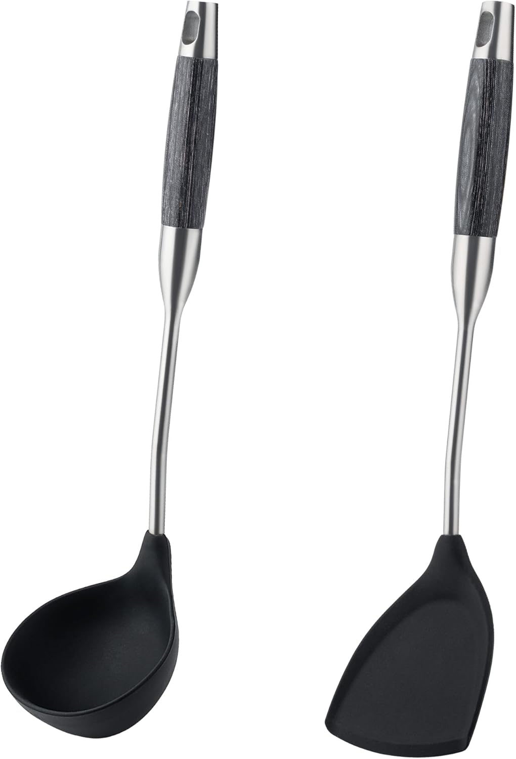 FJNATINH Silicone Wok Spatula and Ladle Set - Stainless Steel Wok Tools, Wok Utensil,Non Stick Heat-Resistant Cooking Utensils BPA Free Kitchen Utensils Cookware (Black Stainless Steel-2PCS)