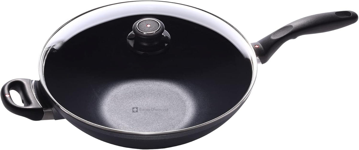 Swiss Diamond 12.5" (5.3 Qt) Wok HD Nonstick Induction Diamond Coated Aluminum Wok, Includes Lid Dishwasher Safe and Oven Safe Wok, Grey