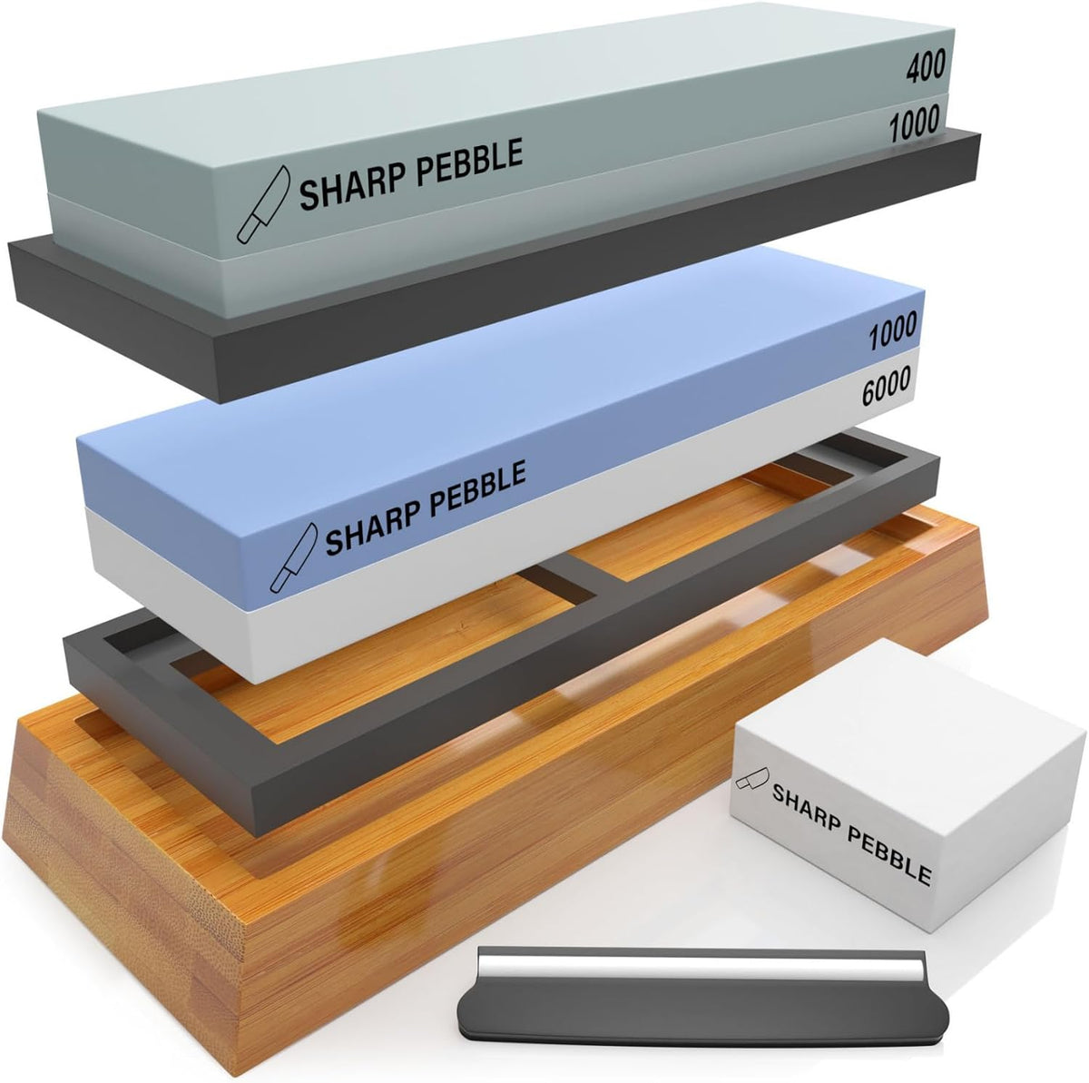 Sharp Pebble Knife Sharpening Stones Kit with 400/1000 and 1000/6000 Grit with Flattening Stone & Angle Guide