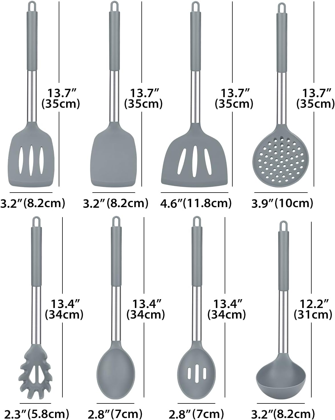 Silicone Cooking Utensil Set, 8Pcs Non-stick Cookware with Stainless Steel Handle, BPA Free Heat Resistant Kitchen Tools with Spatulas, Turnesr, Spoons, Skimer and Pasta Fork (GRAY)