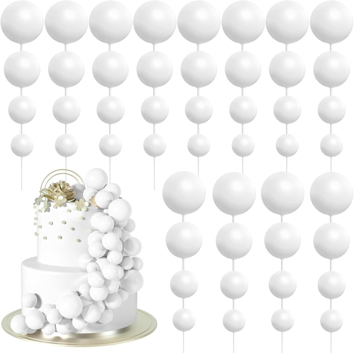 48 Pcs White Balls Cake Topper Decorations Balloon Cupcake Toppers Foam Cake Topper Balls Cake Balls Decorations for Birthday Party Wedding Anniversary Cake Decorating