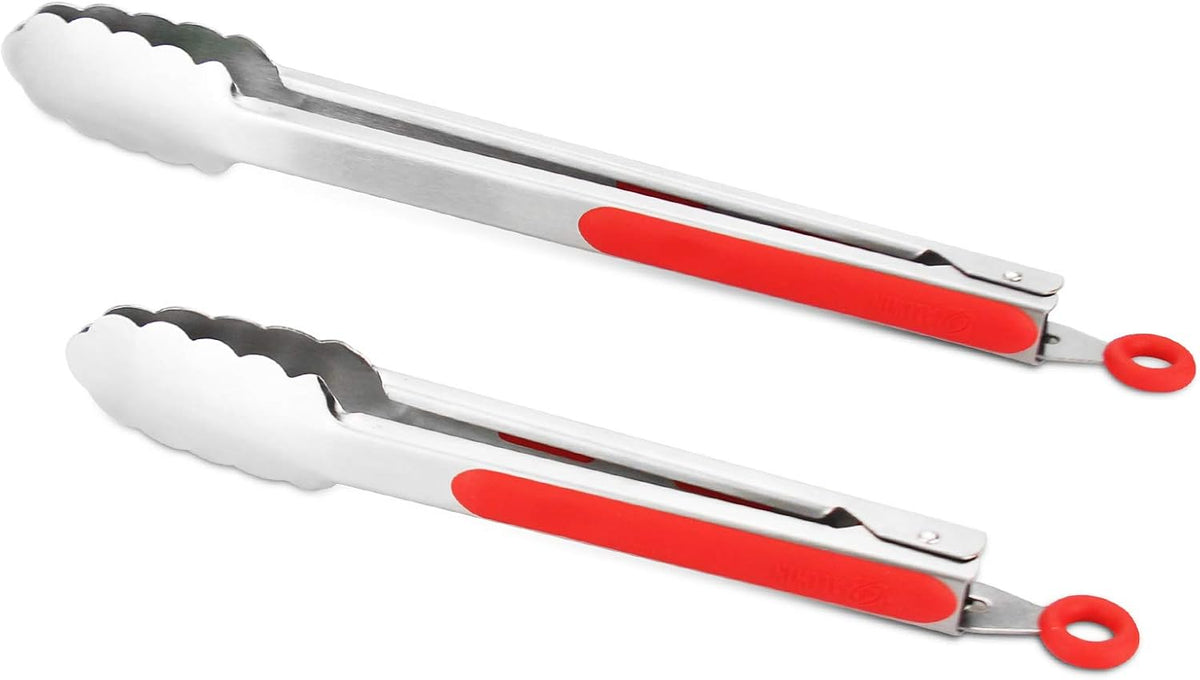 304 Stainless Steel Kitchen Cooking Tongs, 9" and 12" Set of 2 Sturdy Grilling Barbeque Brushed Locking Food Tongs with Ergonomic Grip, Red