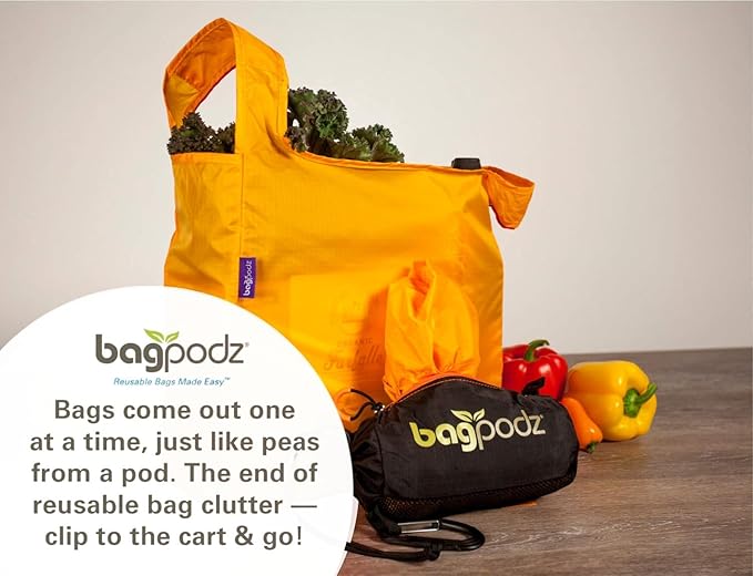 Sturdy Reusable Grocery Bags Foldable and Washable - Made From RipStop Nylon Hold 50lbs - Designed in USA Reusable Shopping Bags Inside a Compact Pod with Carry Clip - 10 Pack in Orange