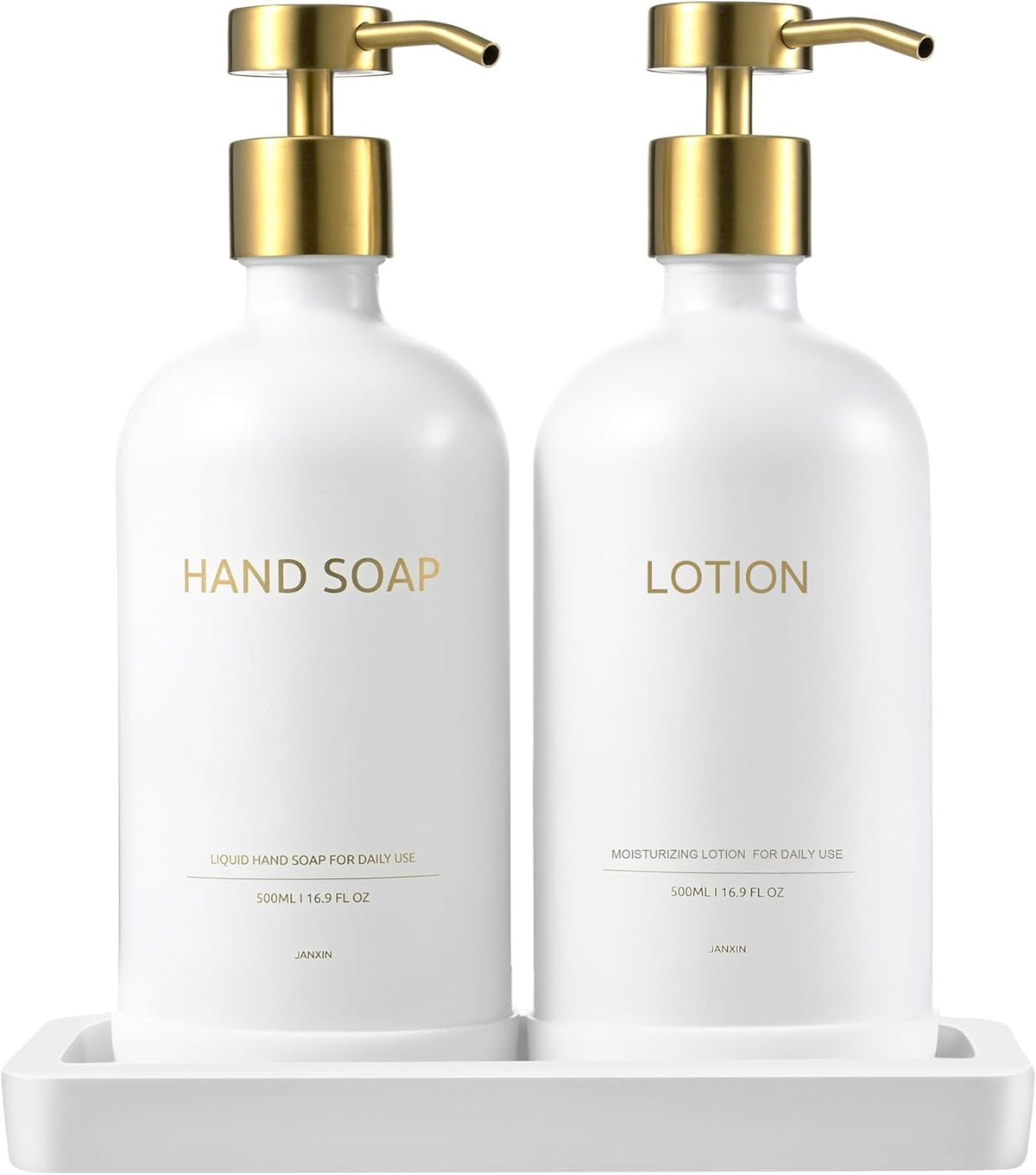 Glass Kitchen Soap Dispenser Set with Ceramic Tray,16.9 floz Hand and Dish Soap Dispenser for Kitchen and Bathroom Decor (White + Gold(Lotion))