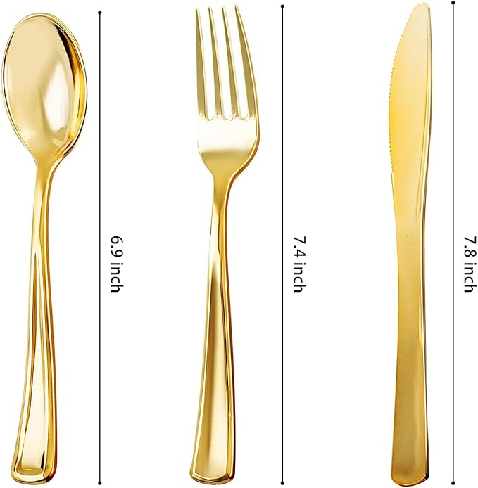 NOCCUR 400PCS Gold Plastic Silverware - Gold Plastic Cutlery Include 200 Forks, 100 Spoons, 100 Knives, Disposable Silverware Perfect for Party&Daily Using