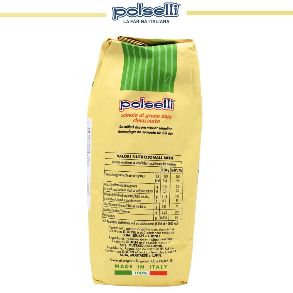 POLSELLI Italian Semola Flour, 11 lbs (5 kg), Fine Ground Semolina Rimachinata for Fresh Pasta, Bread, Grano Duro, Product of Italy, Durum Wheat, Unbleached, Natural, No additives, Index W240 (+0-5%)
