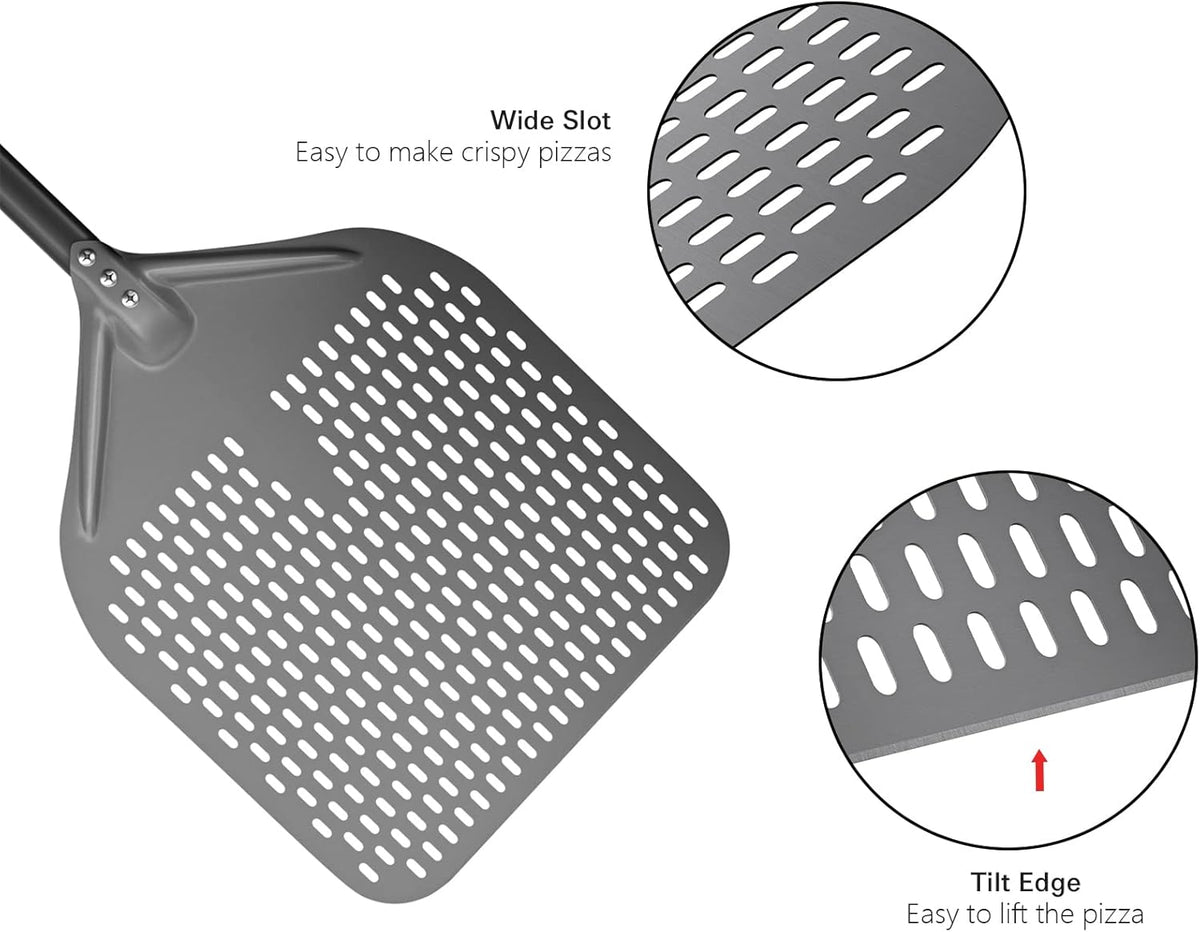14” Perforated Pizza Peel, Long Handle Hard Anodized Aluminum Pizza Peel, Extra Large Pizza Turning Peel, Professional Pizza Pizza Paddle, 34.8 inch overall
