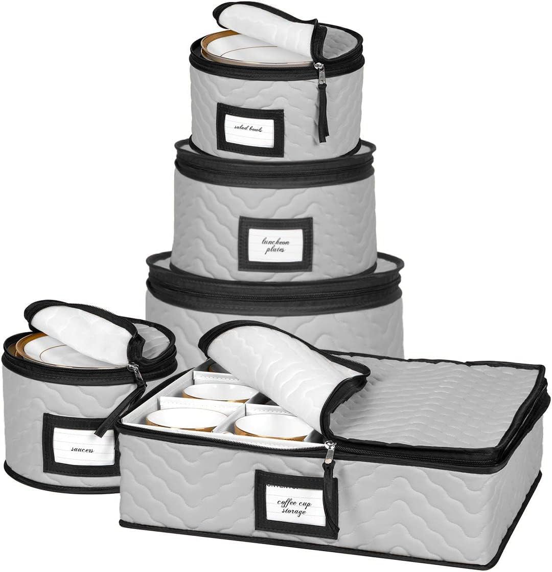 China Storage Containers 5-Piece Set Moving Boxes for Dinnerware, Glasses, Plates, Mugs and Saucers Sturdy Quilted Microfiber Dish Organizer with Dividers for Seasonal Storage - Gray