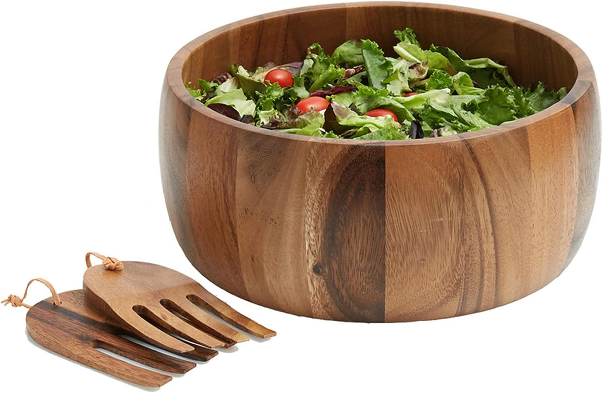 Woodard & Charles Acaica Wood 12" x 5" Serving Bowl Set with Serving Hands, 3 Piece Set