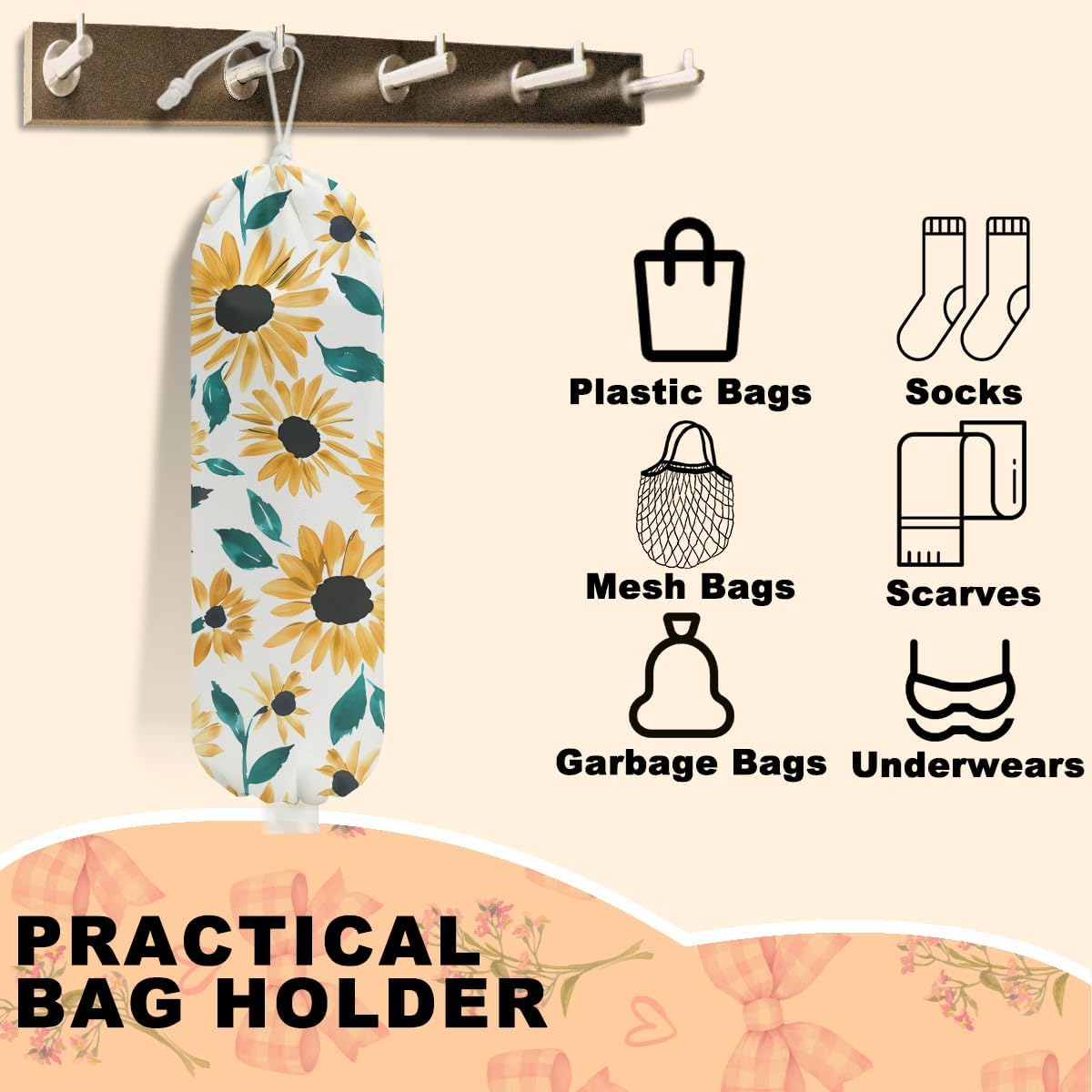 2Pcs Watercolor Sunflower Plastic Bag Holder, Wall Mount Grocery Bag Holder for Plastic Bags, Vintage Rustic Sunflower Large Reusable Grocery Bags Storage Dispenser for Home Kitchen Pantry