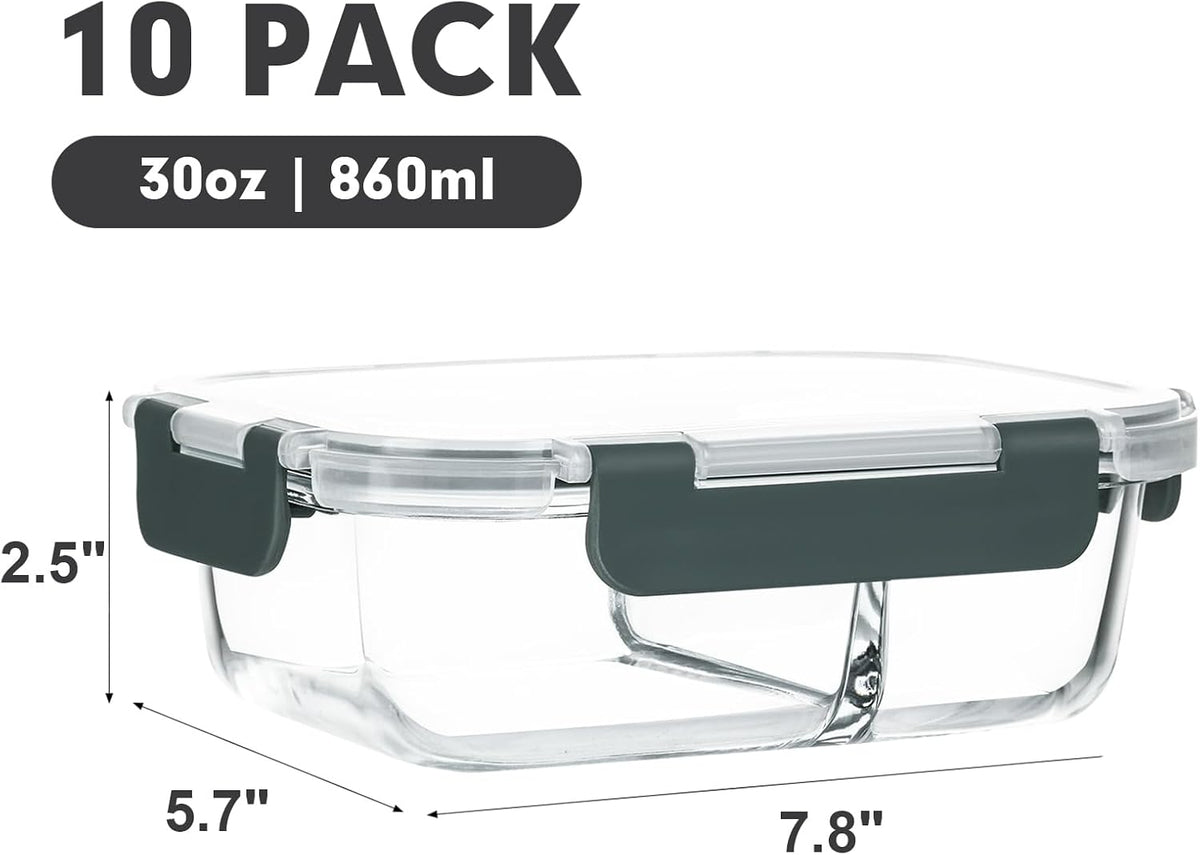 M MCIRCO 10-Pack,30 Oz Glass Meal Prep Containers 2 Compartments Airtight Lunch Bento Boxes with Lids, Glass Food Storage Containers, Microwave, Oven, Freezer and Dishwasher