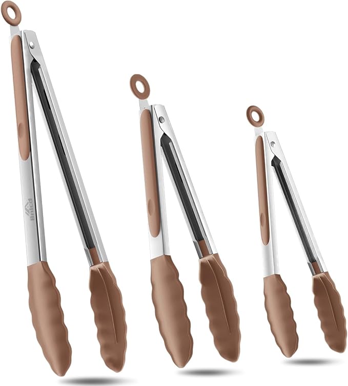 600ºF Heat Resistant Kitchen Tongs, Premium Locking Cooking Tongs with Silicone Tips, Non-Slip Food Tongs for Cooking, Non-Stick, Heavy Duty Stainless Steel Handle, Set of 3-7" 9" and 12" Mud color