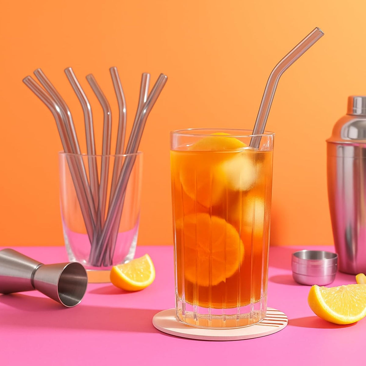 12 Pcs Reusable Glass Straws 8"x 8 mm Bent Glass Drinking Straws with Cleaning Brush for Tea, Smoothies, Milkshakes, Juices,Beverages(smoky gray)