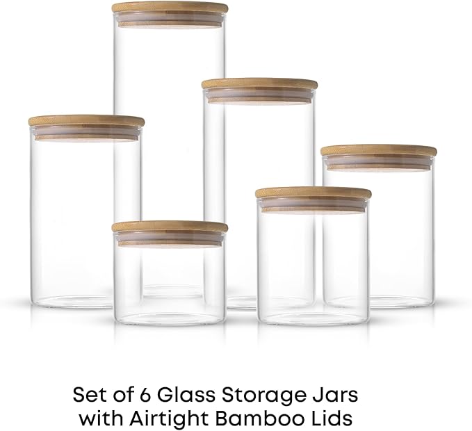 JoyJolt Borosilicate Glass Jars With Bamboo Lids. 6 Pc Set of Air Tight Sealable Containers. Food Jar Canisters with Airtight Lid for Pantry Storage and Kitchen Organization.