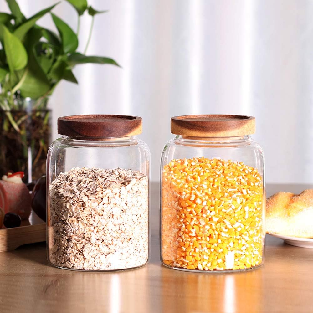 Glass Storage Jars with Airtight Lids, Set of 2 42 FL OZ (1250ml) coffee container with Wooden Lid, Glass Pantry Canister for Beans, Rice, Sugar and etc (6.3 inch high)
