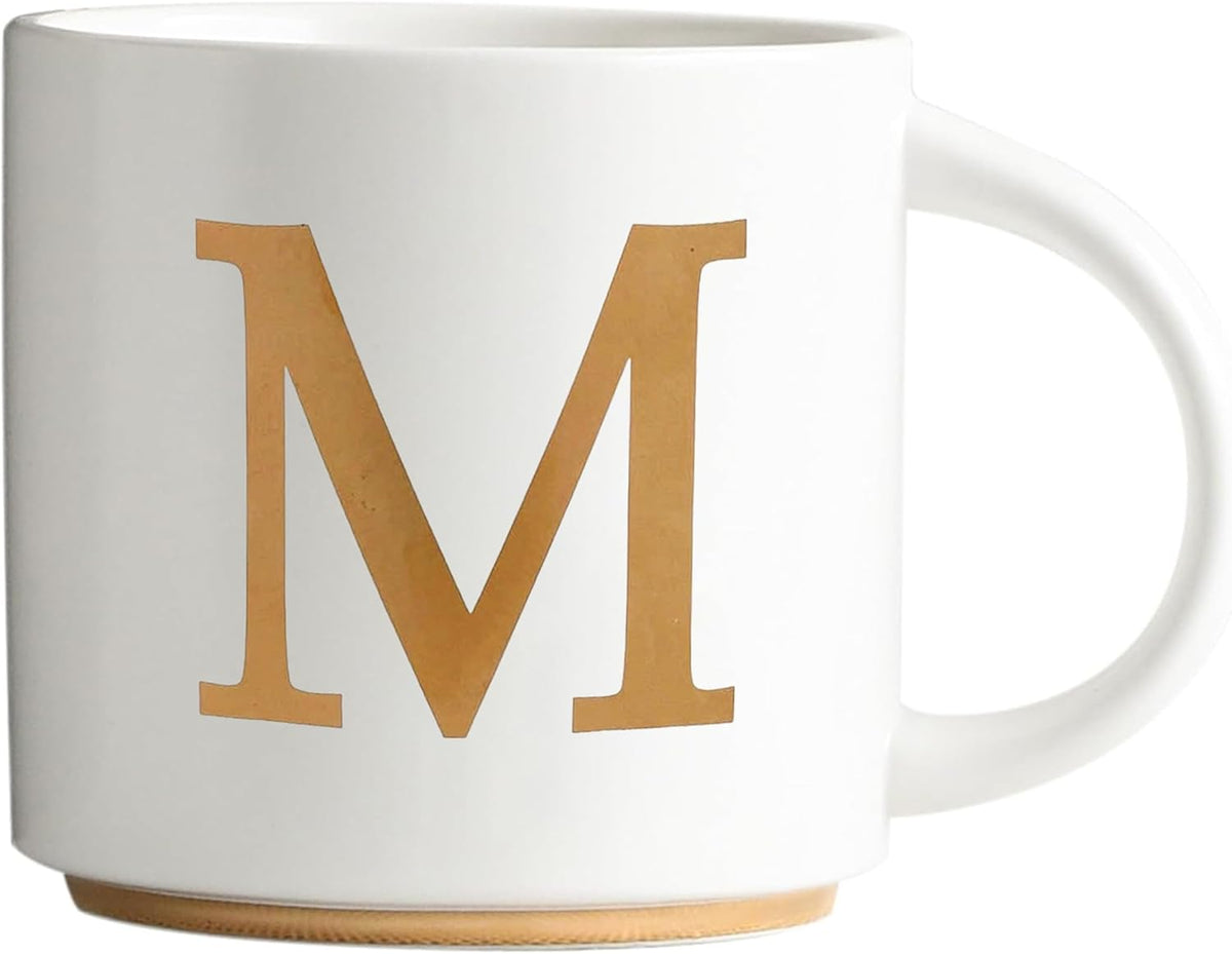 COLLECTIVE HOME - Monogram Ceramic Mugs, 15 oz Golden Initial Coffee Cups, Elegant Alphabet Tea Mugs, Elegant Personalized Mug with Gift Box, Unique Mug with Double Side Capital Letter (M)