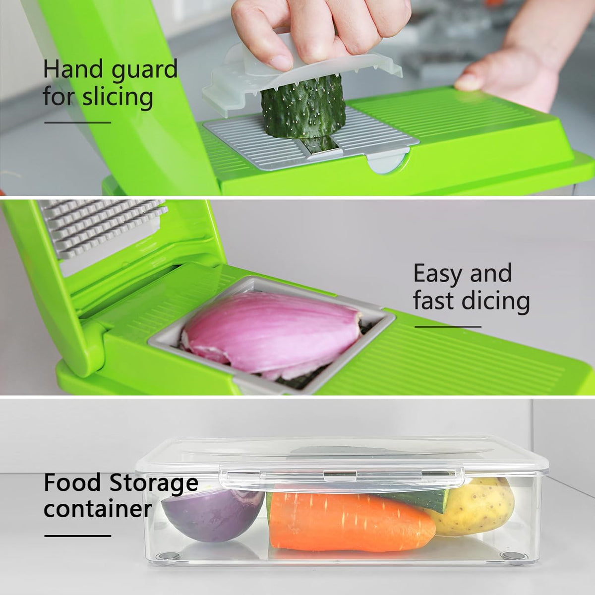 LHS Multifunctional Vegetables Chopper with Container, Manual Processor Cutter, Pro Onion Cutter, Vegetable Slicer Dicer Cutter with 3 Blades, Veggie Salp Chopper(6-in-1,Green)