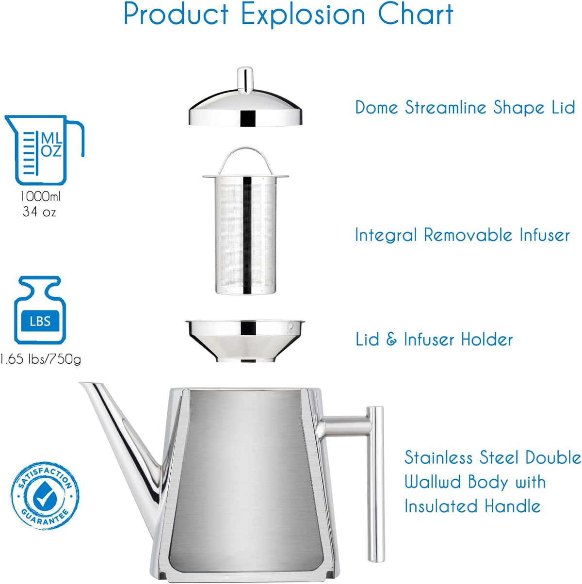 Easyworkz Stainless Steel Double Wall 34 oz Tea Pot with Removable Tea Infuser, Perfect for Brewing Your Favorite Tea, Chrome