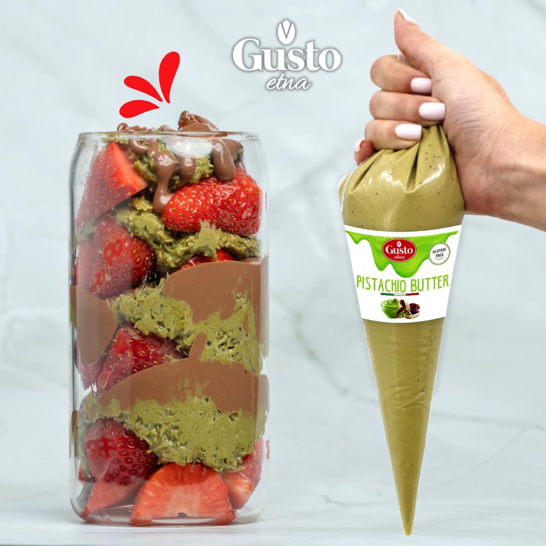 GUSTO ETNA Pistachio Nut Butter Cream in Squeeze Pouch, Spread, Cake Filling & Icing, Frosting, Dessert, Sweet Pistachio Butter, Pistachio Paste, From Bronte, Sicily, Italy, Non GMO, 14.1 oz (400 g)
