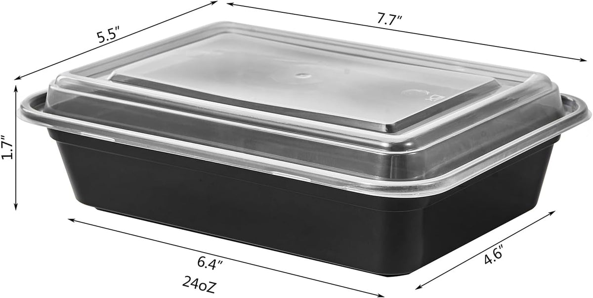 24 oz Meal Prep Containers With Lids Reusable 150 Pack Extra-thick Plastic Food Storage Black Disposable To Go Lunch Box BPA Free Stackable Microwave Dishwasher Freezer Safe (Formerly FULING)