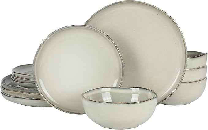 Gibson Elite Nardini 12 Piece (Service for 4) Plates and Bowls Reactive Glaze Dishes Stoneware Ceramic Dinnerware Set - Moon White