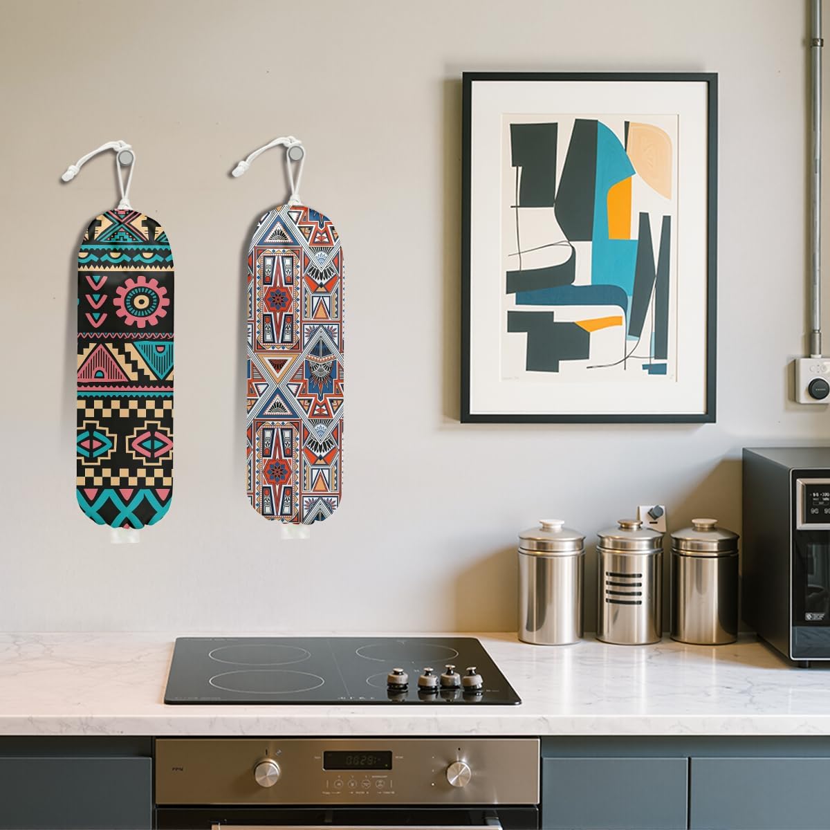 2 Pcs Retro Boho Plastic Bag Holder, Wall Mount Grocery Bag Holder for Plastic Bags, Abstract Art Farmhouse Kitchen Pantry Decor Reusable Grocery Bags Organizer Storage Dispenser