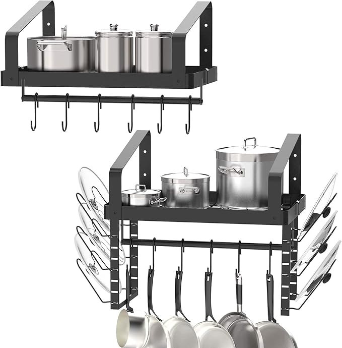 X-cosrack Pot Racks Wall Mounted Set of 2,with Towel Bar and Pots Pans Lids Organizer, Kitchen Cookware Hanging Shelves with 12 Hooks, Black