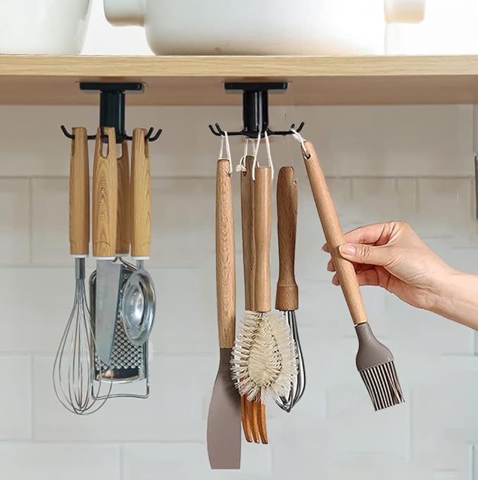 2pcs Under Cabinet Kitchen Utensil Hooks,360° Rotating Drilling Free Adhesive Utensils Hanging Rack for Tools/Towel/Knife (Black)