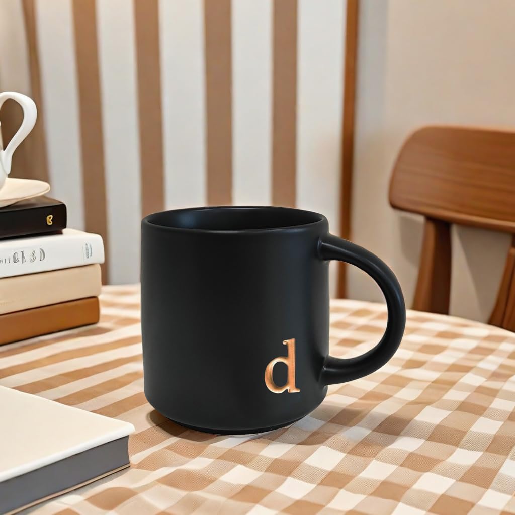 COLLECTIVE HOME - Black Monogram Ceramic Mugs, 15 oz Golden Initial Coffee Cups, Elegant Alphabet Tea Mugs, Personalized Halloween Mug with Gift Box, Perfect for Office and Home Décor (d)