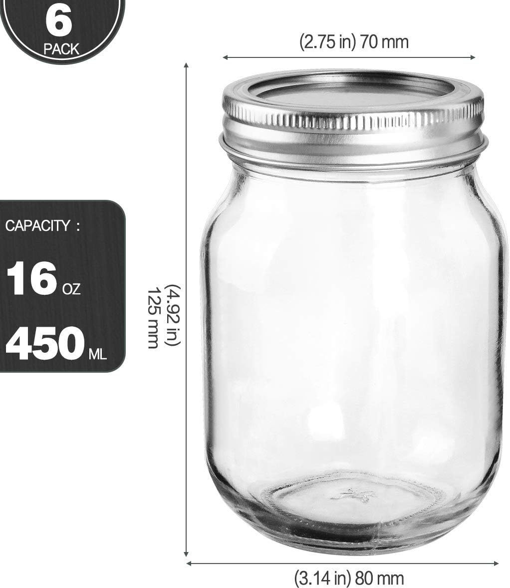KAMOTA Mason Jars 16 OZ With Regular Lids and Bands, Ideal for Meal Prep, Jam, Honey, Wedding Favors, Shower Favors, Baby Foods, DIY Magnetic Spice Jars, 6 PACK, 10 Whiteboard Labels Included