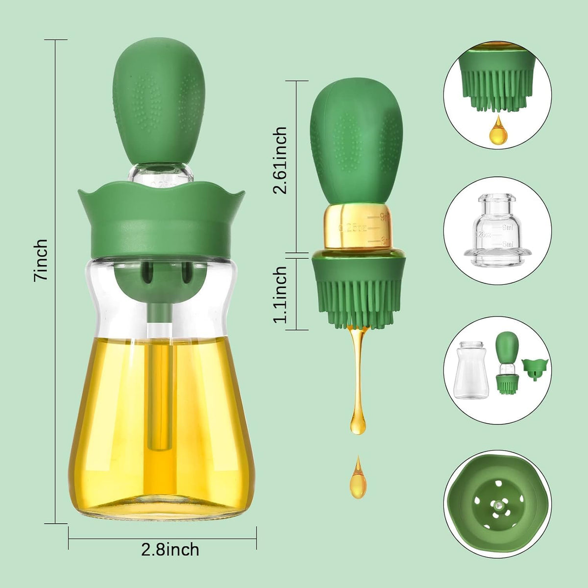 Oil Dispenser Bottle with Silicone Brush, 200ML 2 in 1 Silicone Dropper Measuring Oil Dispenser Bottle for Kitchen Cooking, Frying, Baking, BBQ Pancake, Air Fryer, Marinating - Green