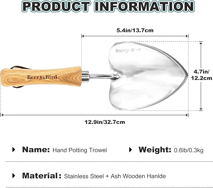 Berry&Bird Potting Trowel, Oversized Garden Hand Shovel with Sharp Blade & Wood Handle, Stainless Steel Gardening Tool for Roots, Planting, Digging, Transplanting, Soil Loosening and Fertilizer Mixing