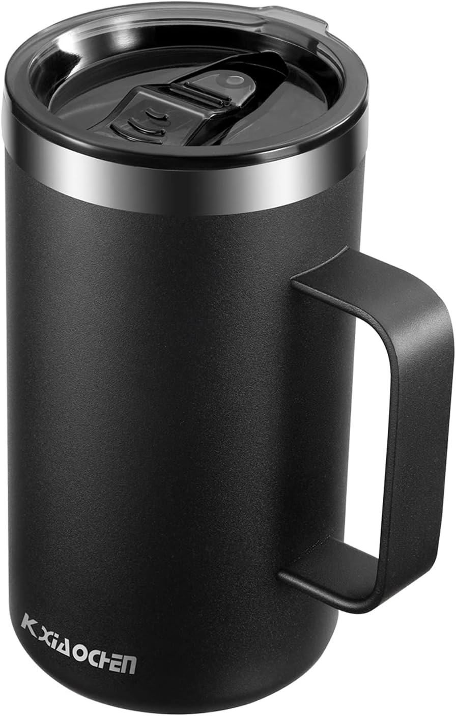 KXIAOCHEN 20oz Insulated Coffee Mug with Lid, Stainless Steel Coffee Cup, Double Wall Vacuum Coffee Tumbler with Handle, Premium Thermal Travel Coffee Mug (Black)
