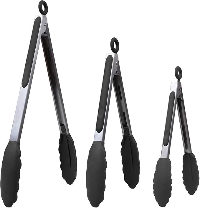 Kitchen Tongs for Cooking with Silicone Tips, Heat Resistant Kitchen Utensils Locking Silicone Tongs, Serving Food Tong Set of 3, 7,9,12 Inch