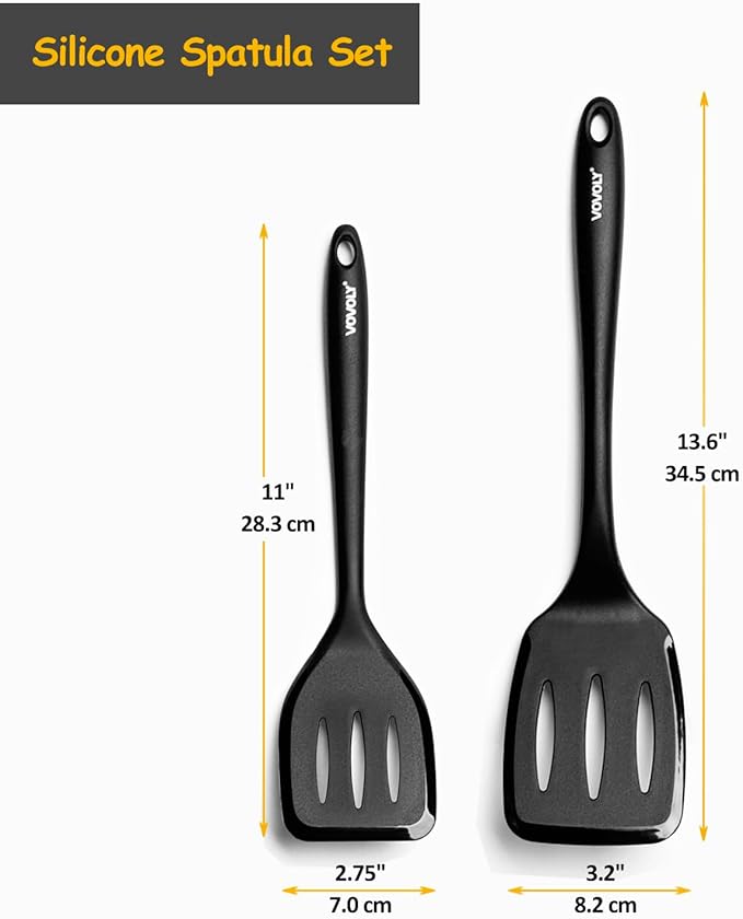 Silicone Spatula Set, 600°F Heat Resistant Silicone Spatula Turner Flipper for Cooking, Non Stick and Non Scratch Kitchen Utensils for Eggs & Fish, 2 Pack, Black