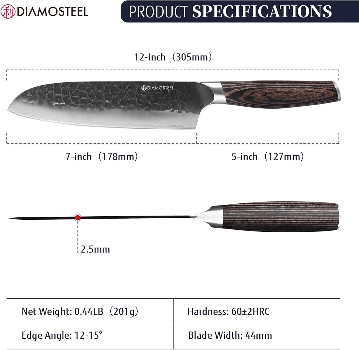 Santoku Knife - 7-Inch Professional Kitchen Knife - Hammered Black Oxide Blade Japanese 9CR18MOV High Carbon Stainless Steel Sharp Chef Knife - Ergonomic Pakkawood Handle with Present Box