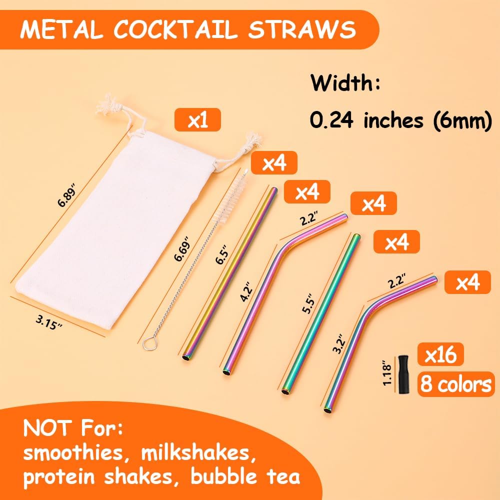 Lazycorner 16 Pcs Short Metal Straw, 6mm 5.5" 6.5" Kids Reusable Straw Silicone Tips Cleaner, Mini Small Stainless Steel Straws Fit 8 10 12 oz Tumbler/Wine Tumblers, Reusable Cocktail Straws(Rainbow)