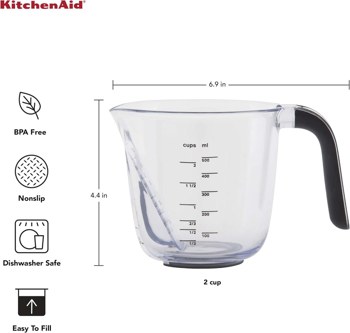 KitchenAid Universal Easy View Angled Measuring Cup, Medium, Clear with Black Handle