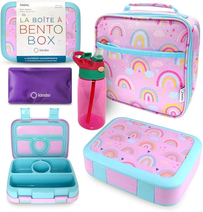Bento Lunch Box with Insulated Bag, Water Bottle & Ice Pack Set for Kids Toddlers, 4 Portion Sections, Removable Tray, Pre-School Girl Kid Toddler Daycare Lunches, Snack Container, Purple Rainbow