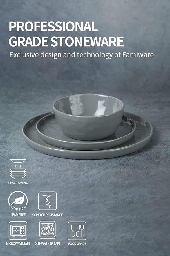 Famiware Mars Plates and Bowls Set, 18 Pieces Dinnerware Sets, Dishes Set for 6, Dark Gray