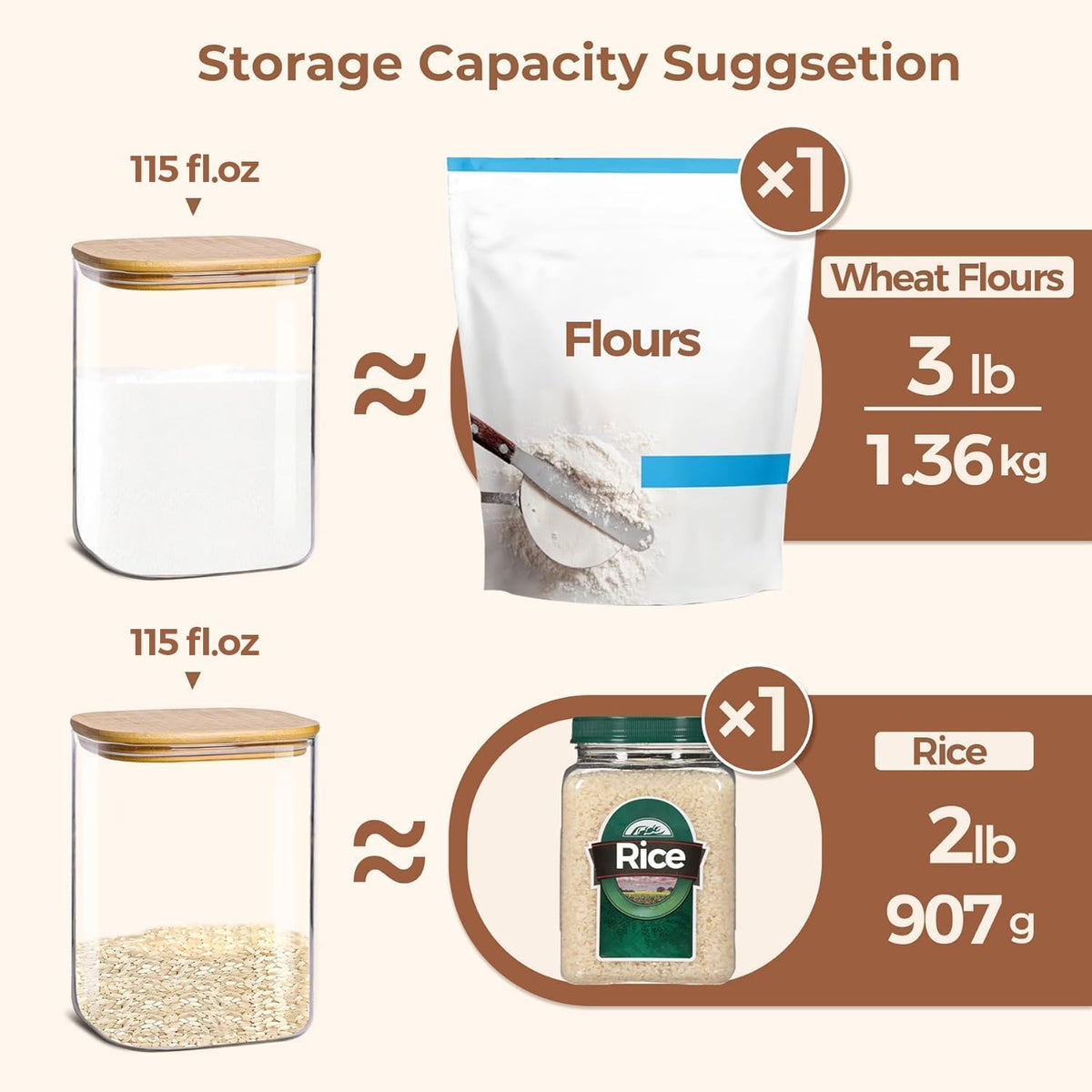 ComSaf 115 oz Glass Food Storage Containers, Cereal Storage Containers with Airtight Lids, Large Square Glass Jars with Bamboo Lids, for Rice, Pasta, Oats, Grains, Coffee Beans