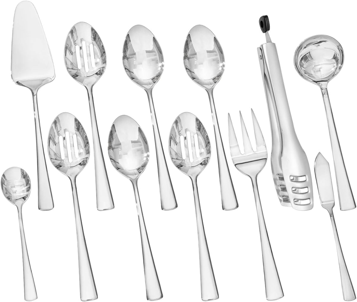 KINGSTONE 12 Piece Serving Utensils Set, 18/10 Stainless Steel Serving Utensils, Slotted Spoon, Fork, Tong, Soup Ladle, Cake Server, Butter Knife and Sugar Spoon for Buffet, Parties, Kitchen