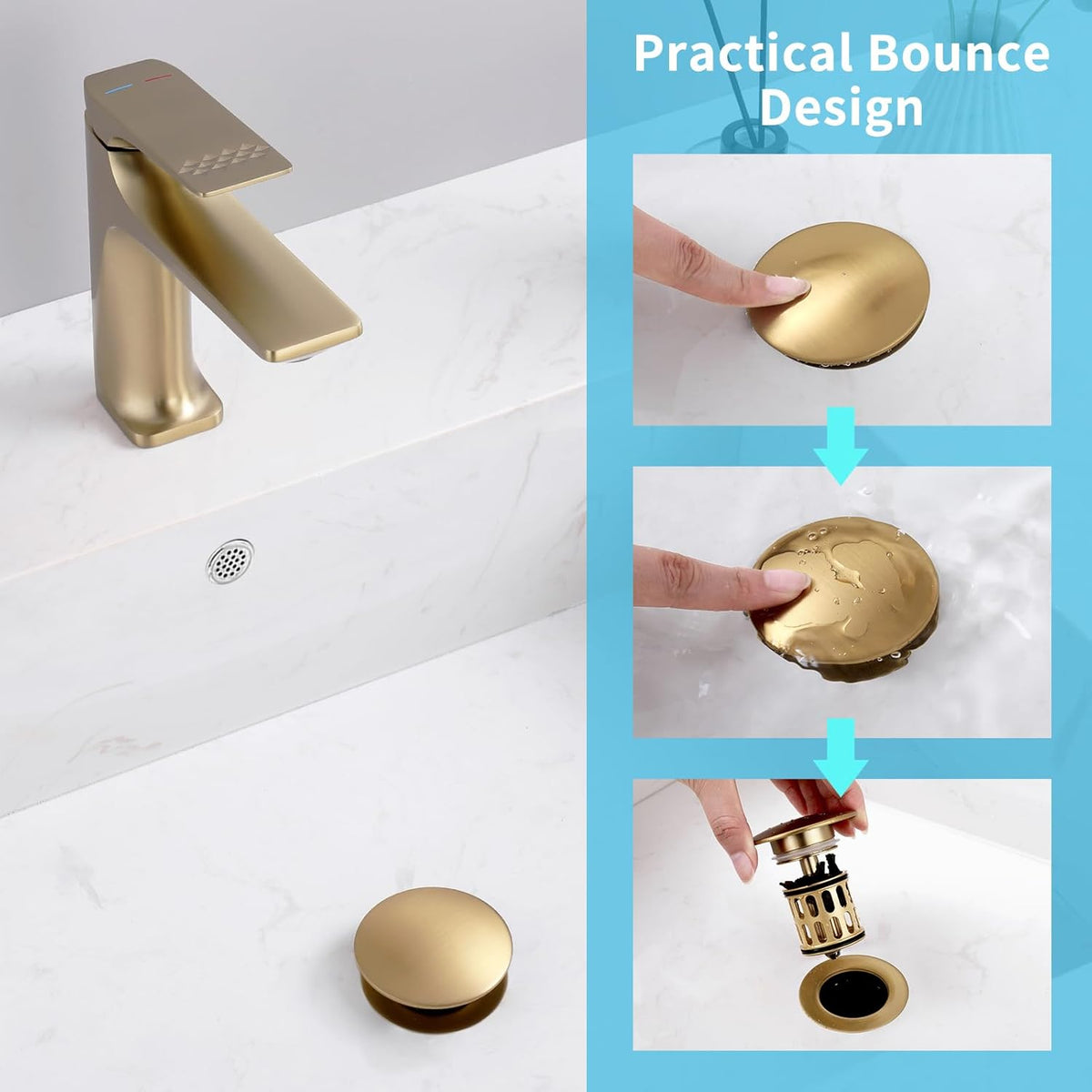 Bathroom Sink Pop Up Drain with Overflow, Vessel Sink Drain with Detachable Filter Basket, Anti-Corrosion and Anti-Clogging Sink Pop Up Drain Stopper (Brushed Gold, with Overflow)