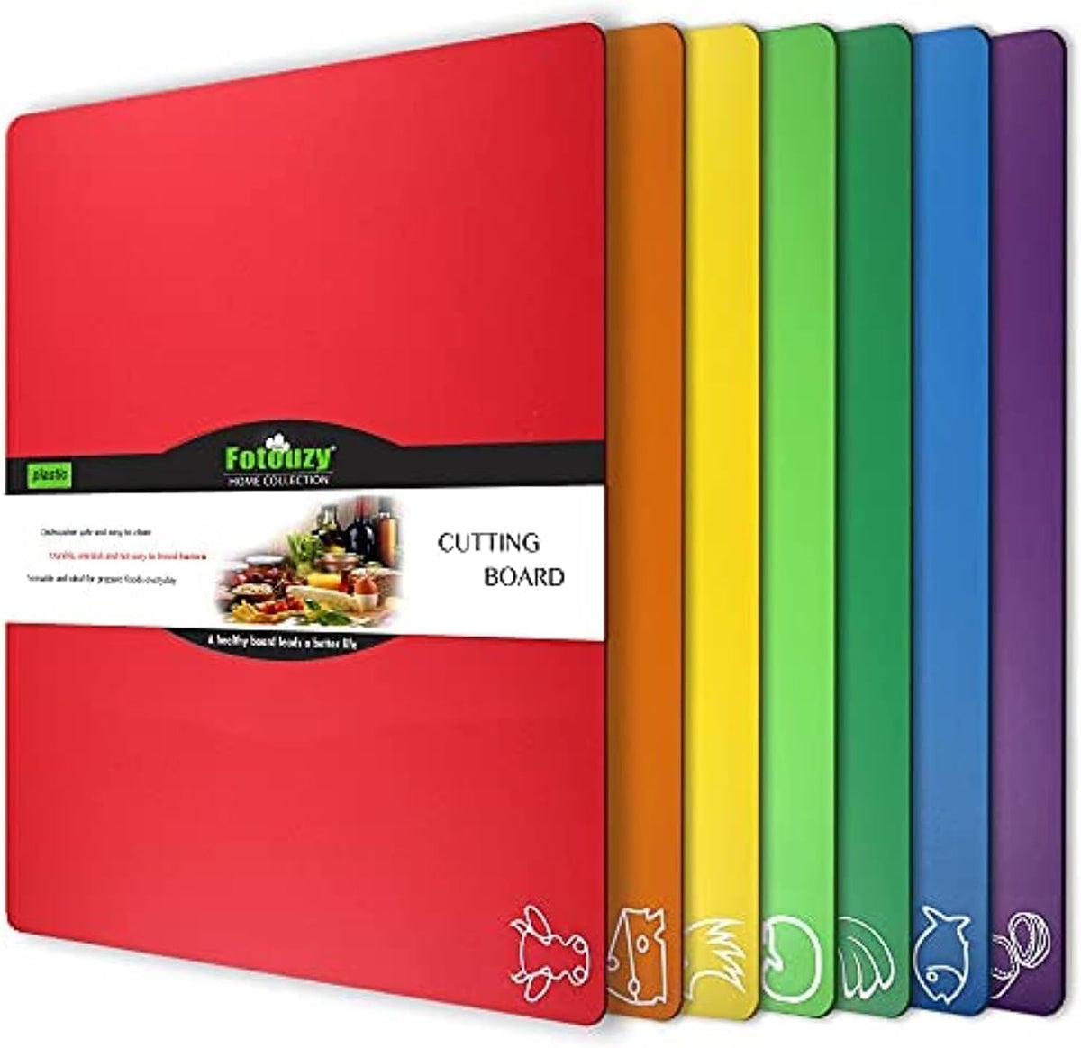 Fotouzy Plastic Cutting Boards for Kitchen, Flexible Cutting Mats Set of 7 with Food Icons, BPA-Free, Upgrade 100% Anti-skid, Dishwasher Safe, 15x12 In, Rainbow Colors
